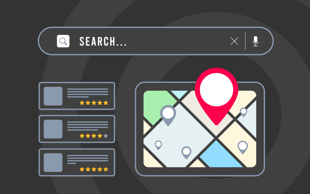 Browser with local business listing, map and red pin icon, search result with nearby places with star rating.