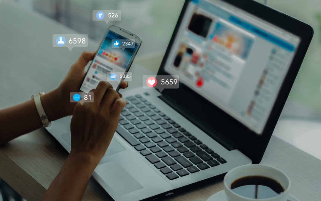 Woman on social media apps on smart phone and laptop.